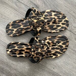Tory Burch Leopard Print Miller Patent Flip Sandals - Black & Tan